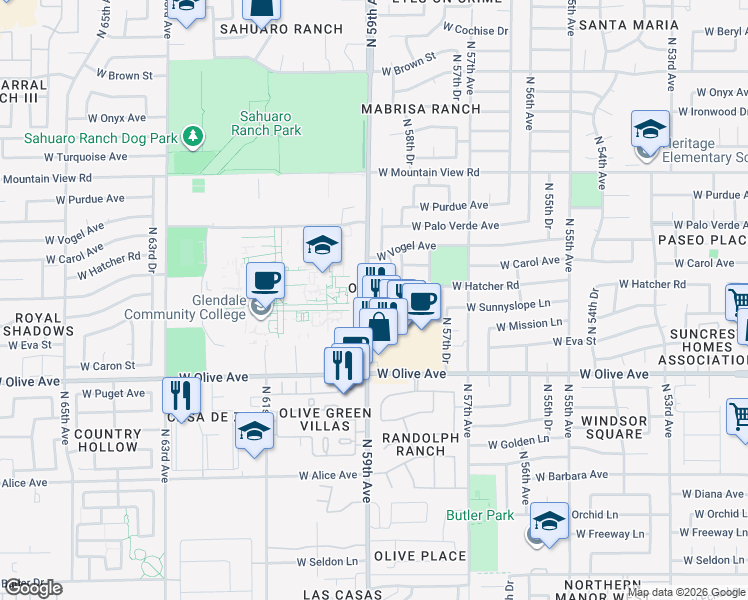 map of restaurants, bars, coffee shops, grocery stores, and more near 9225 North 59th Avenue in Glendale