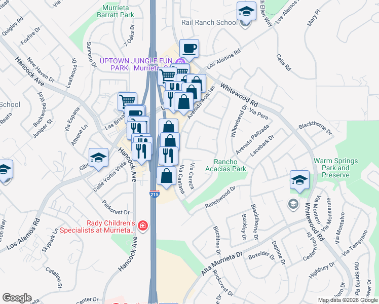 map of restaurants, bars, coffee shops, grocery stores, and more near 25103 Calle Entradero in Murrieta