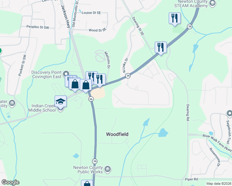 map of restaurants, bars, coffee shops, grocery stores, and more near 240 Fairway Trail in Covington