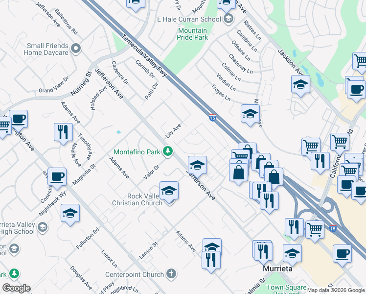 map of restaurants, bars, coffee shops, grocery stores, and more near 24196 Blackberry Street in Murrieta