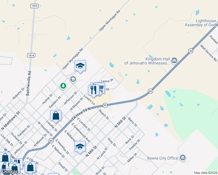 map of restaurants, bars, coffee shops, grocery stores, and more near 1516 Linda Street in Bowie