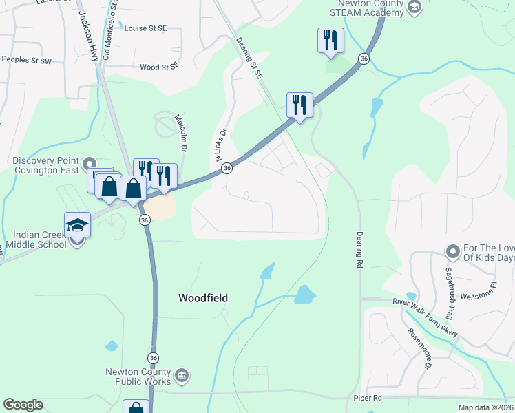 map of restaurants, bars, coffee shops, grocery stores, and more near 120 South Links Drive in Covington