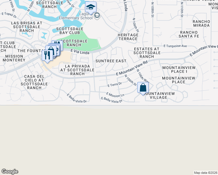 map of restaurants, bars, coffee shops, grocery stores, and more near 10487 East Terra Drive in Scottsdale