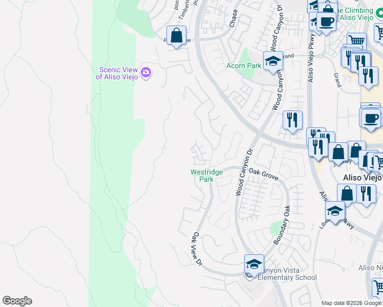 map of restaurants, bars, coffee shops, grocery stores, and more near 95 Vellisimo Drive in Aliso Viejo