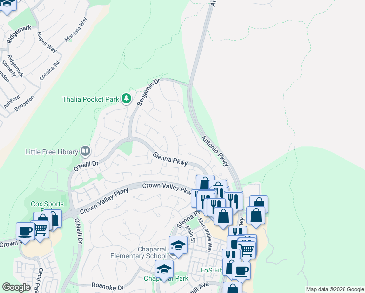 map of restaurants, bars, coffee shops, grocery stores, and more near 2 Vinewood Lane in Ladera Ranch