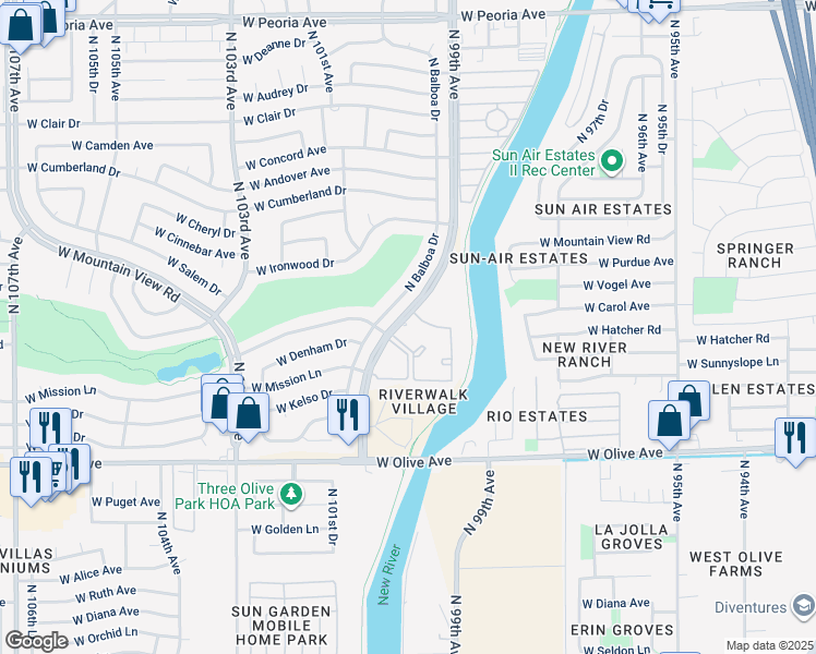 map of restaurants, bars, coffee shops, grocery stores, and more near 9415 North 99th Avenue in Peoria