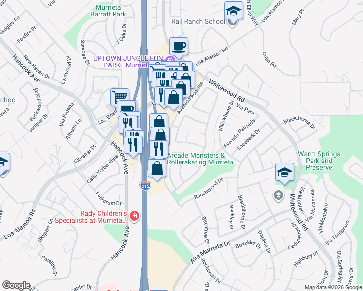 map of restaurants, bars, coffee shops, grocery stores, and more near 25107 Calle Entradero in Murrieta