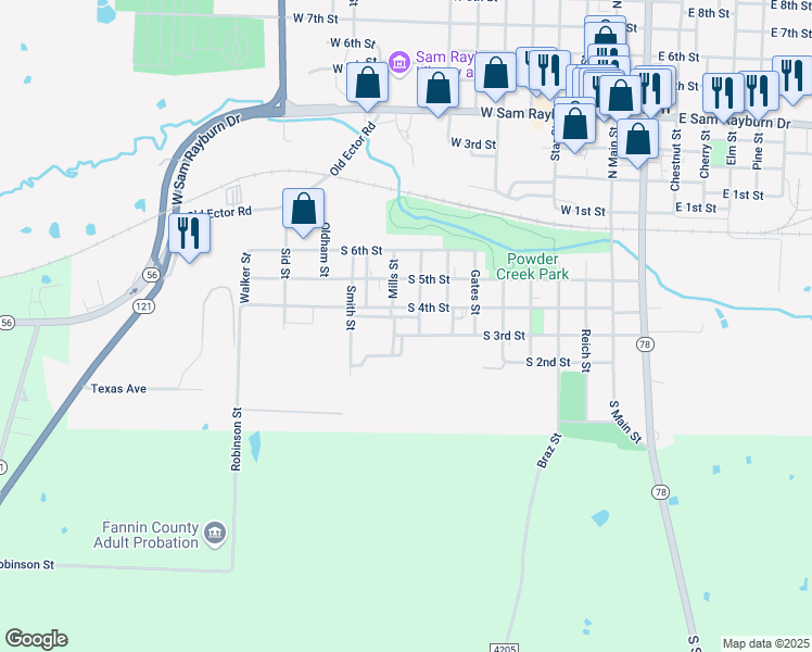 map of restaurants, bars, coffee shops, grocery stores, and more near 801 Earl Turner Street in Bonham