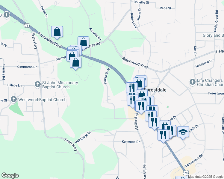 map of restaurants, bars, coffee shops, grocery stores, and more near 1645 Haven Drive North in Birmingham
