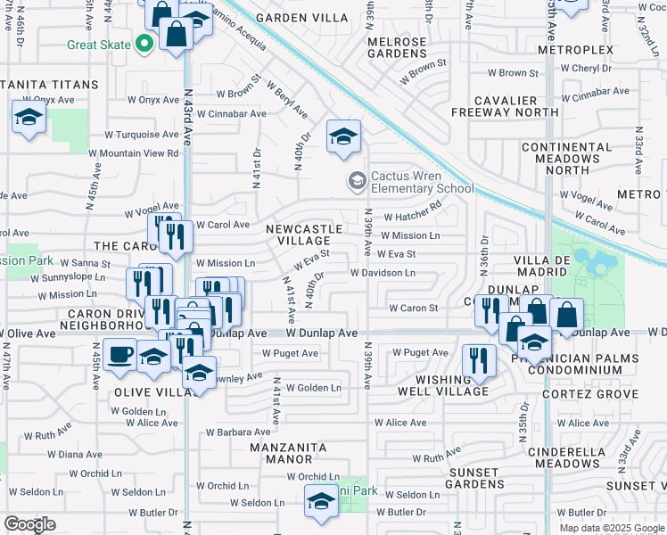 map of restaurants, bars, coffee shops, grocery stores, and more near 3940 West Davidson Lane in Phoenix