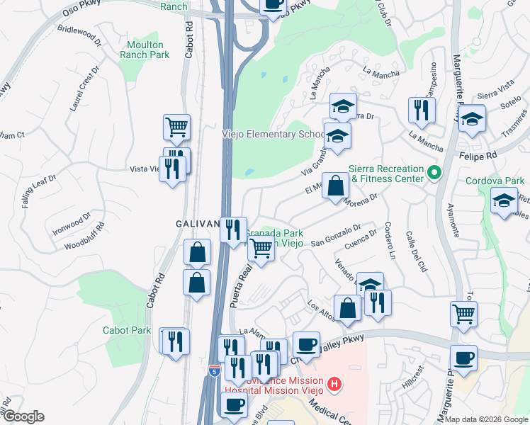 map of restaurants, bars, coffee shops, grocery stores, and more near 27022 Mallorca Lane in Mission Viejo