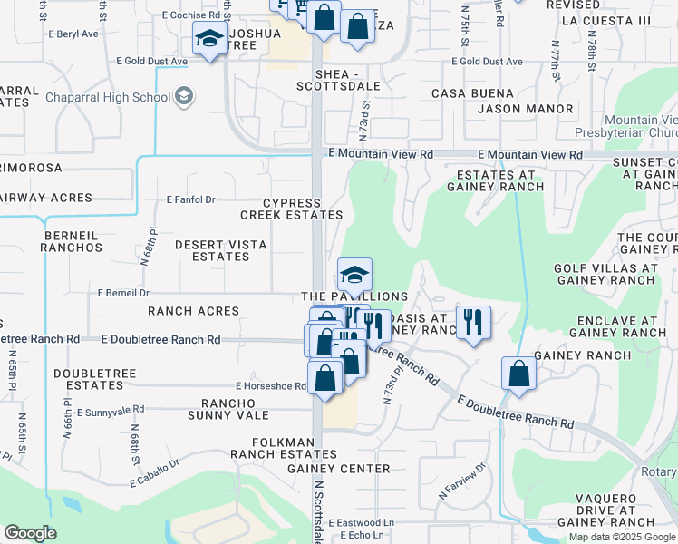 map of restaurants, bars, coffee shops, grocery stores, and more near 7323 East Gainey Ranch Road in Scottsdale