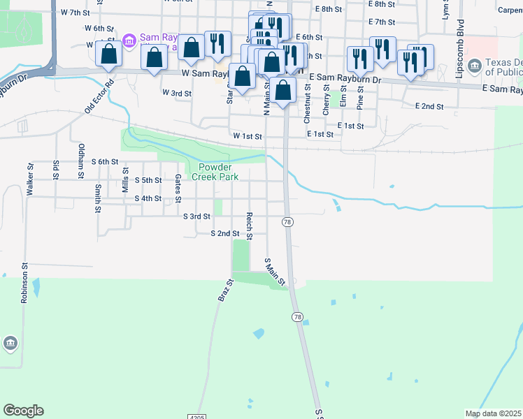 map of restaurants, bars, coffee shops, grocery stores, and more near 118 South 3rd Street in Bonham