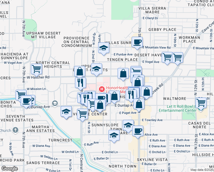 map of restaurants, bars, coffee shops, grocery stores, and more near 9250 North 3rd Street in Phoenix