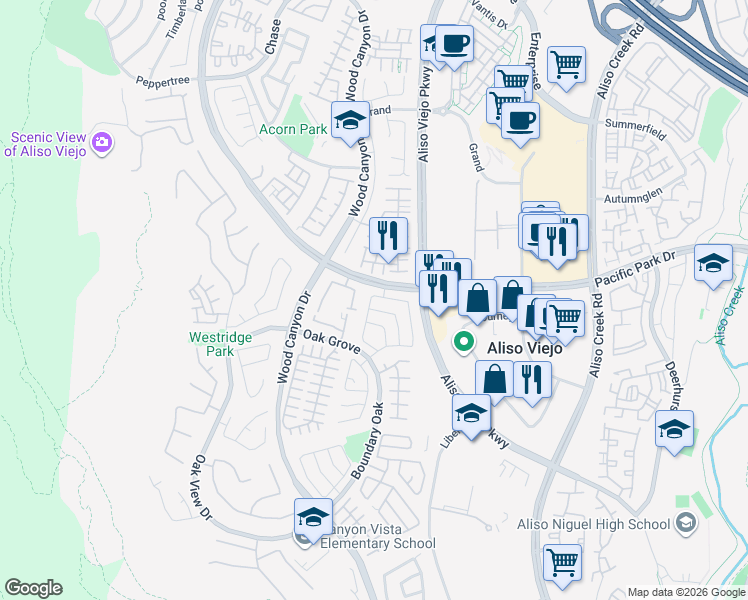 map of restaurants, bars, coffee shops, grocery stores, and more near 10 Poplar Drive in Aliso Viejo