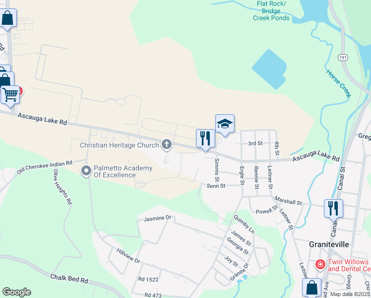 map of restaurants, bars, coffee shops, grocery stores, and more near 255 Ascauga Lake Road in Graniteville