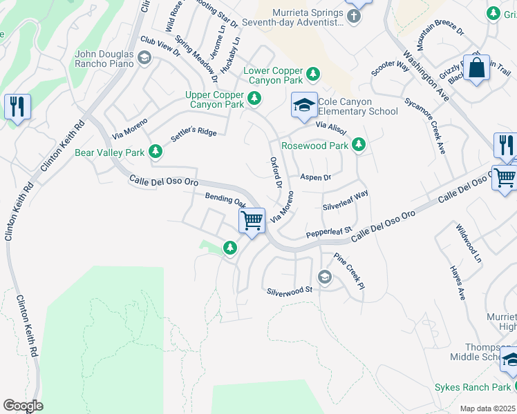 map of restaurants, bars, coffee shops, grocery stores, and more near Calle Del Oso Oro in Murrieta