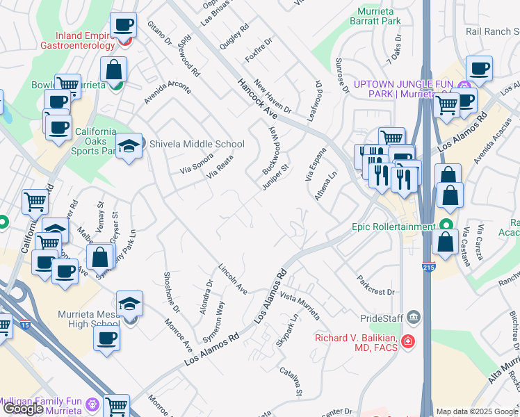 map of restaurants, bars, coffee shops, grocery stores, and more near Franklin Street in Murrieta