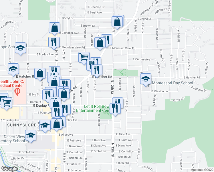 map of restaurants, bars, coffee shops, grocery stores, and more near 1139 East Sunnyslope Lane in Phoenix