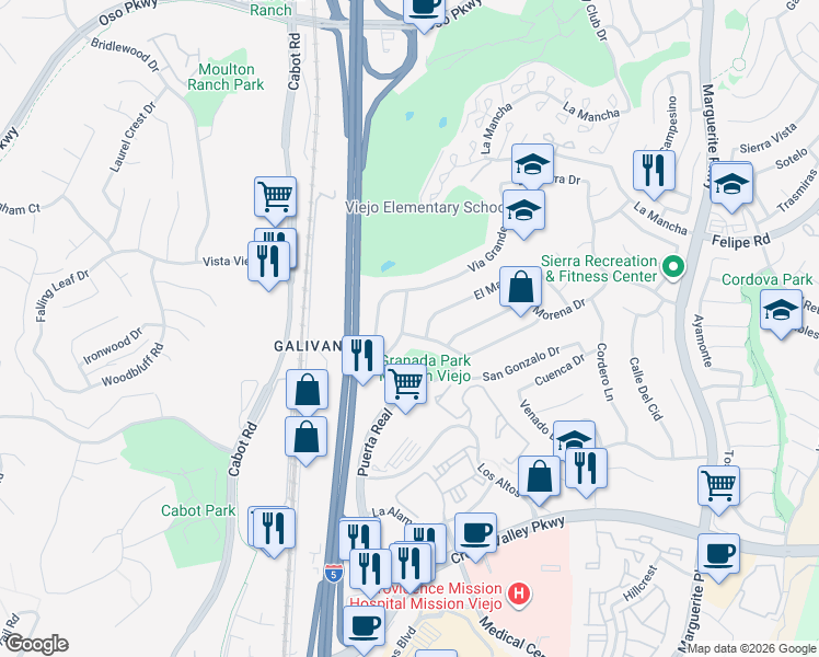 map of restaurants, bars, coffee shops, grocery stores, and more near 27022 Mallorca Lane in Mission Viejo