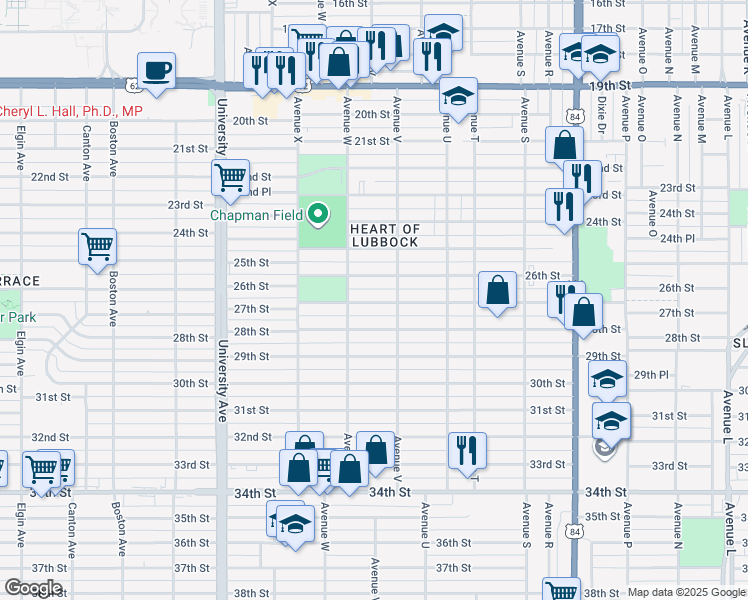 map of restaurants, bars, coffee shops, grocery stores, and more near 2203 27th Street in Lubbock