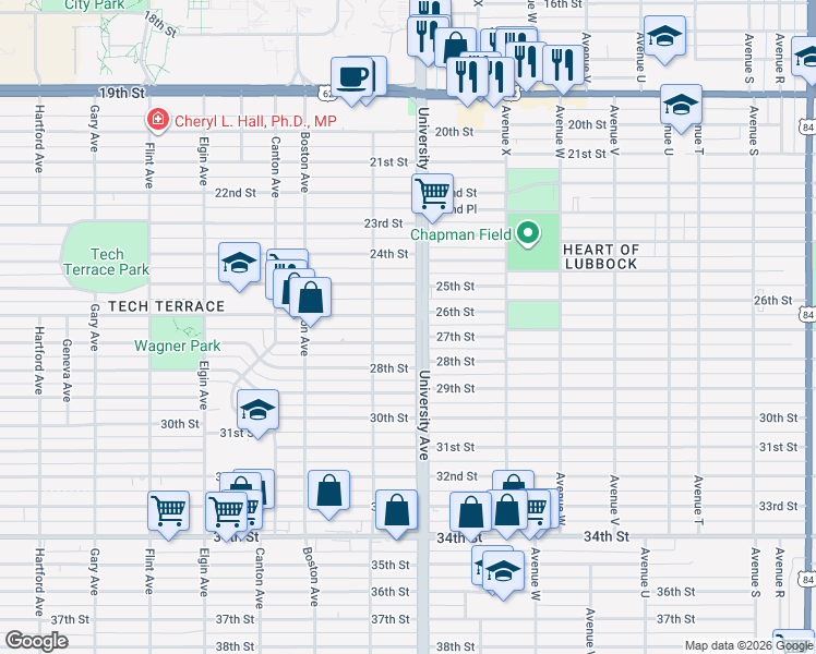 map of restaurants, bars, coffee shops, grocery stores, and more near 2504 27th Street in Lubbock
