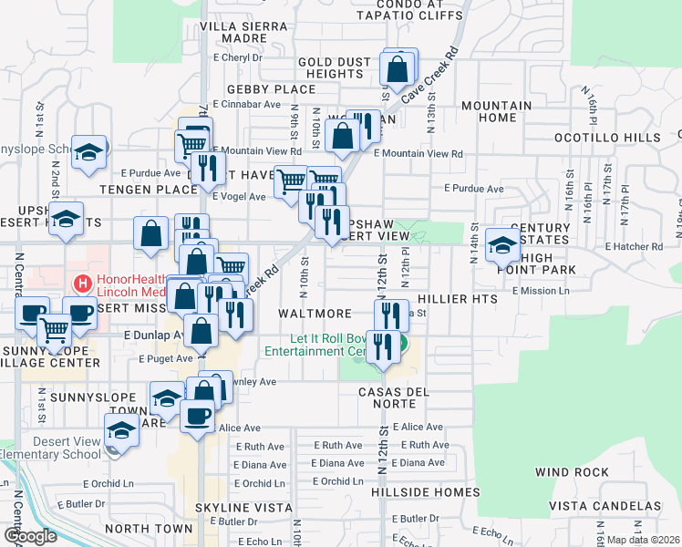 map of restaurants, bars, coffee shops, grocery stores, and more near 9213 North 11th Street in Phoenix
