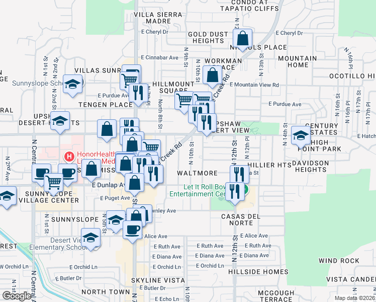 map of restaurants, bars, coffee shops, grocery stores, and more near 9216 North 10th Street in Phoenix