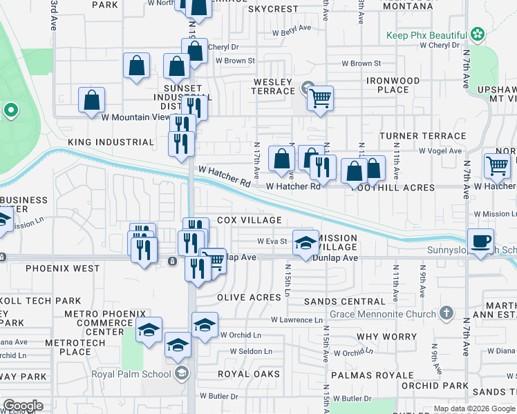 map of restaurants, bars, coffee shops, grocery stores, and more near 1708 West Sunnyslope Lane in Phoenix