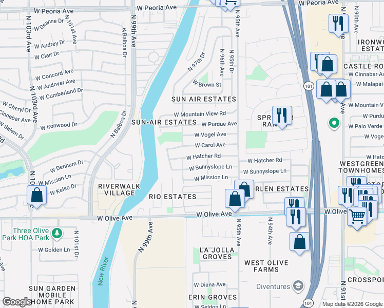 map of restaurants, bars, coffee shops, grocery stores, and more near 9633 West Hatcher Road in Peoria
