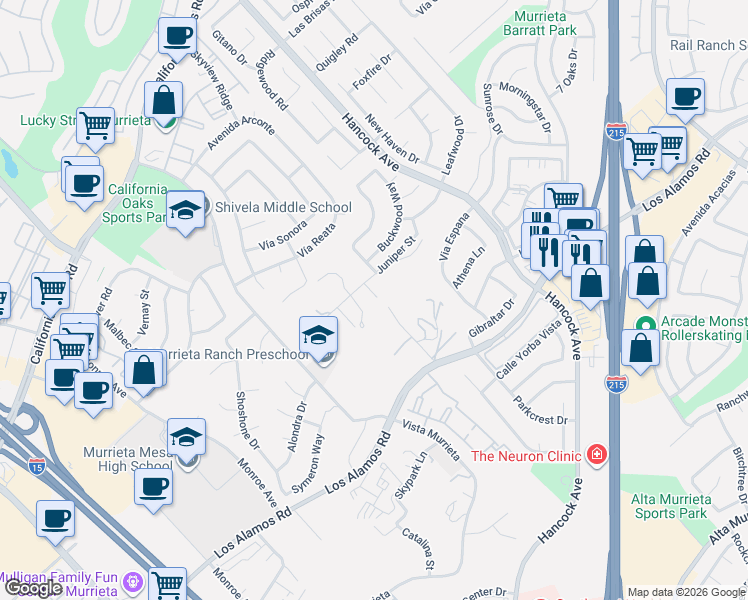 map of restaurants, bars, coffee shops, grocery stores, and more near 40220 Circle Hill Drive in Murrieta