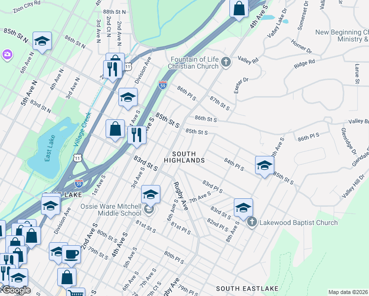 map of restaurants, bars, coffee shops, grocery stores, and more near in Birmingham