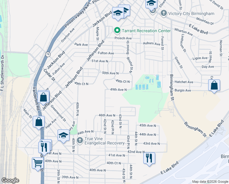 map of restaurants, bars, coffee shops, grocery stores, and more near 4221 49th Avenue North in Birmingham