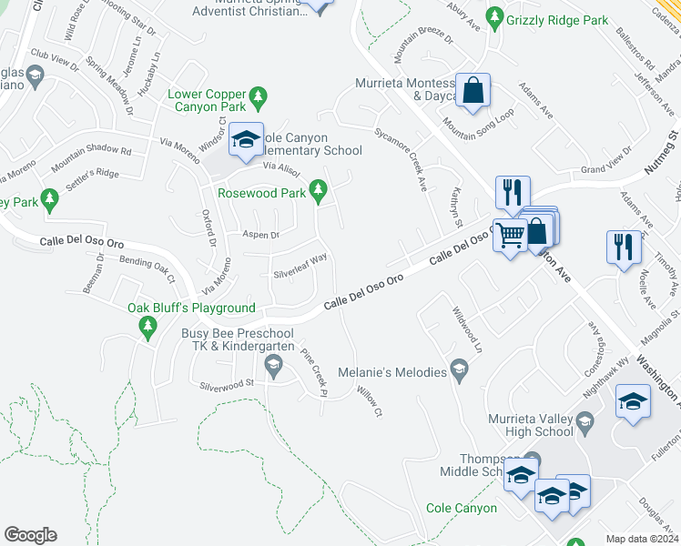 map of restaurants, bars, coffee shops, grocery stores, and more near 24018 Vía Alisol in Murrieta