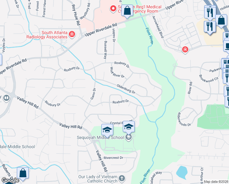 map of restaurants, bars, coffee shops, grocery stores, and more near 6737 Fallawater Circle in Riverdale