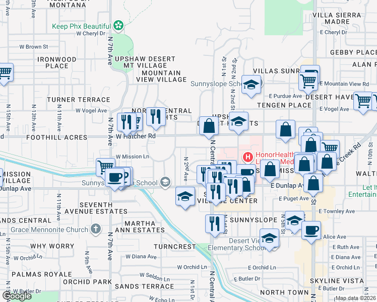 map of restaurants, bars, coffee shops, grocery stores, and more near 35 West Sunnyslope Lane in Phoenix