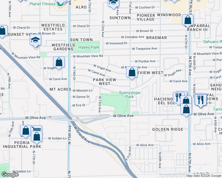 map of restaurants, bars, coffee shops, grocery stores, and more near 7227 West Sunnyslope Lane in Peoria