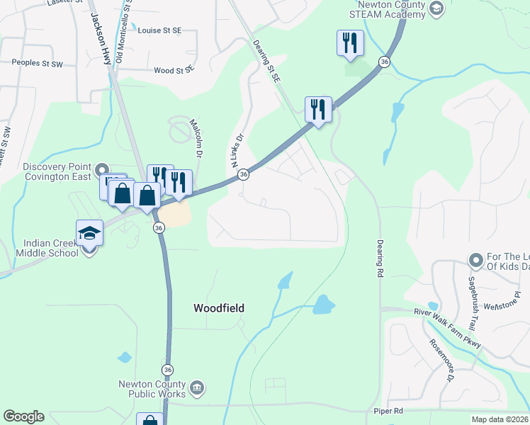 map of restaurants, bars, coffee shops, grocery stores, and more near 120 South Links Drive in Covington