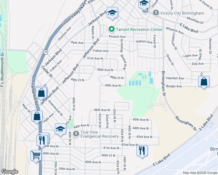 map of restaurants, bars, coffee shops, grocery stores, and more near 4221 49th Avenue North in Birmingham