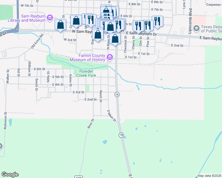 map of restaurants, bars, coffee shops, grocery stores, and more near 301 South Center Street in Bonham