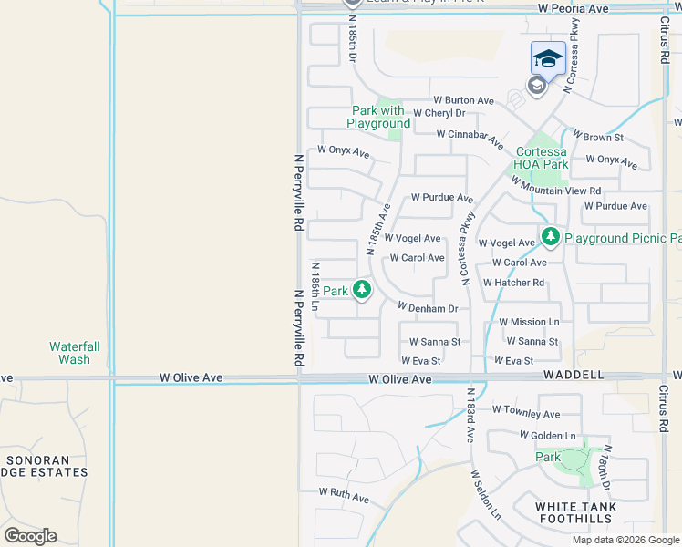 map of restaurants, bars, coffee shops, grocery stores, and more near 18610 West Hatcher Road in Waddell
