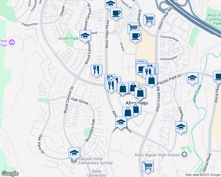 map of restaurants, bars, coffee shops, grocery stores, and more near 22902 Pacific Park Drive in Aliso Viejo