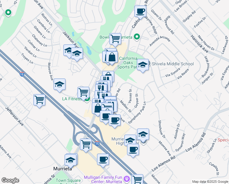 map of restaurants, bars, coffee shops, grocery stores, and more near 40702 California Oaks Road in Murrieta