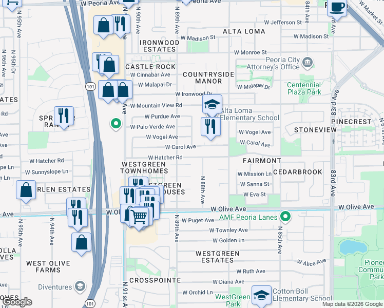 map of restaurants, bars, coffee shops, grocery stores, and more near 8822 West Hatcher Road in Peoria