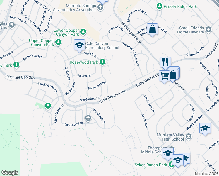 map of restaurants, bars, coffee shops, grocery stores, and more near 24018 Vía Alisol in Murrieta