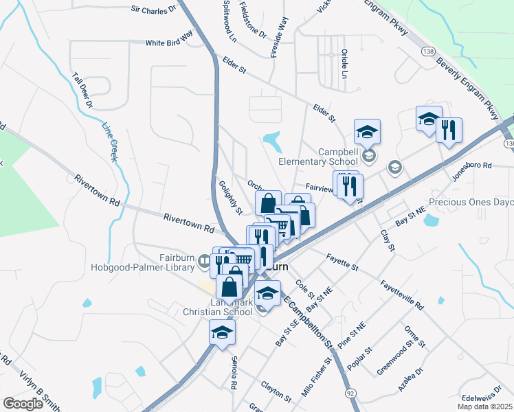 map of restaurants, bars, coffee shops, grocery stores, and more near 81 Dodd Street in Fairburn