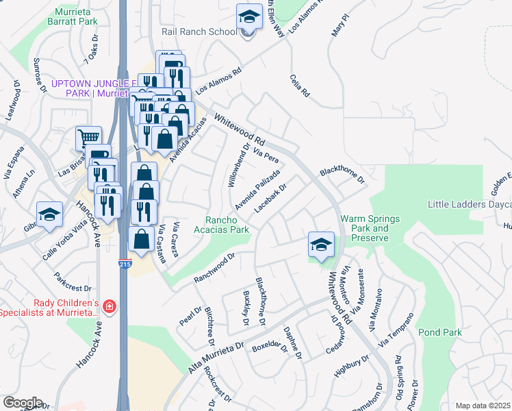 map of restaurants, bars, coffee shops, grocery stores, and more near 25322 Lacebark Drive in Murrieta