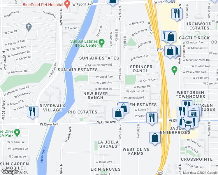 map of restaurants, bars, coffee shops, grocery stores, and more near 9556 West Hatcher Road in Peoria