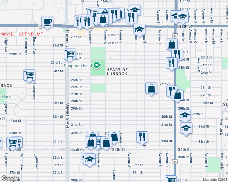 map of restaurants, bars, coffee shops, grocery stores, and more near 2203 27th Street in Lubbock