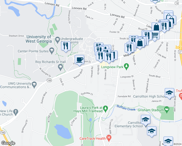 map of restaurants, bars, coffee shops, grocery stores, and more near 129 Howell Road in Carrollton
